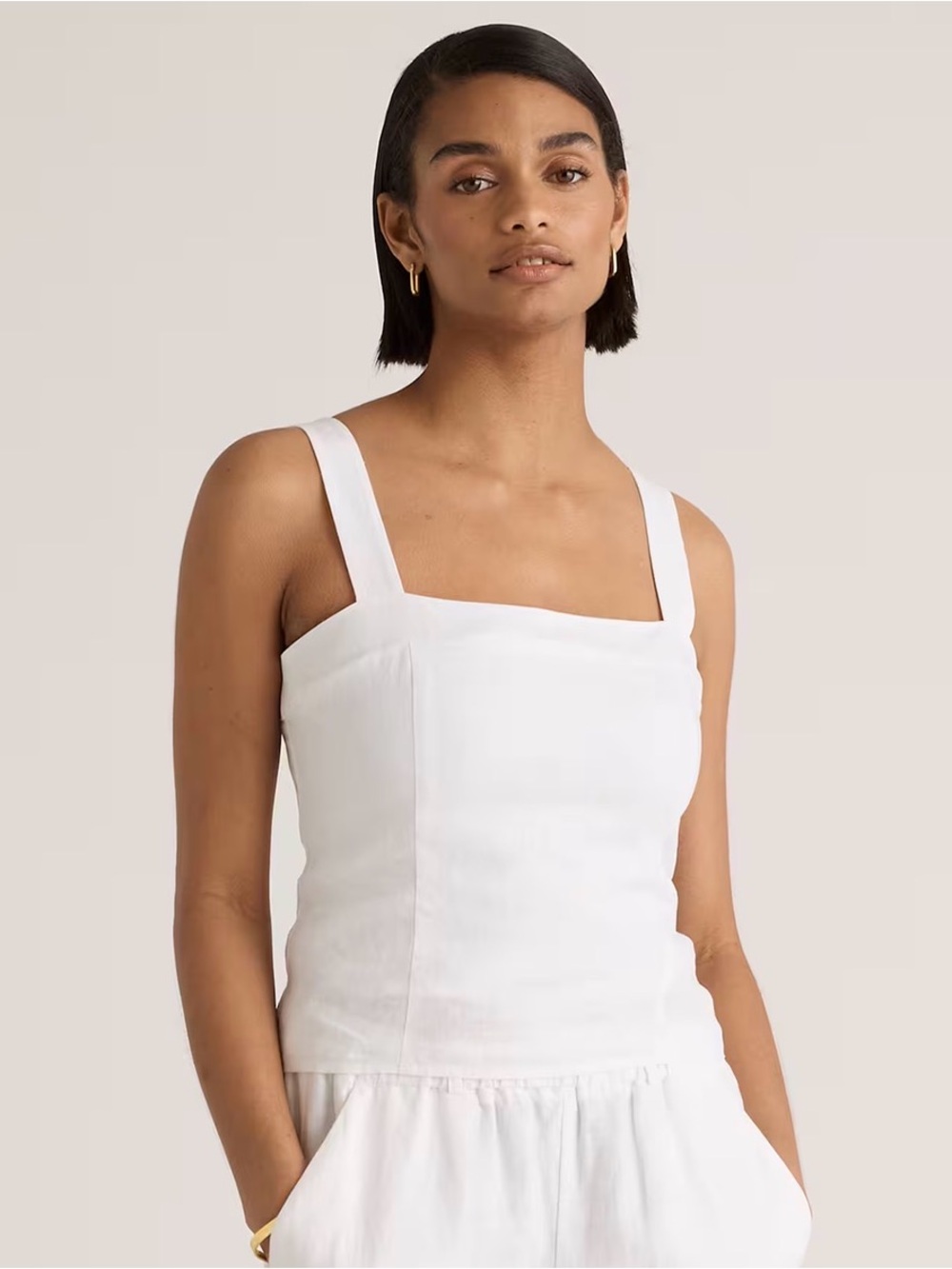 Quince 100% European Linen Fitted Tank Top with Square-Neck in White Size XS